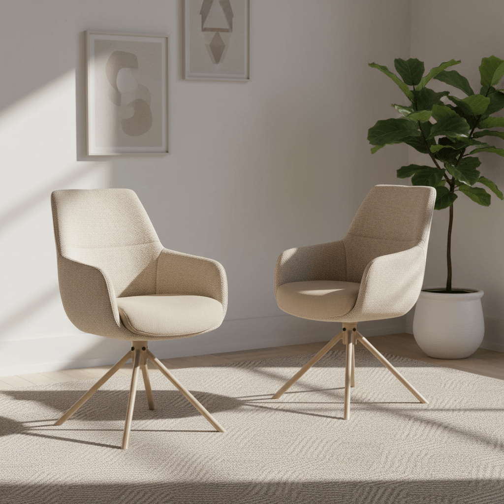 Two beige armchairs in a room with a plant and framed pictures on the wall.