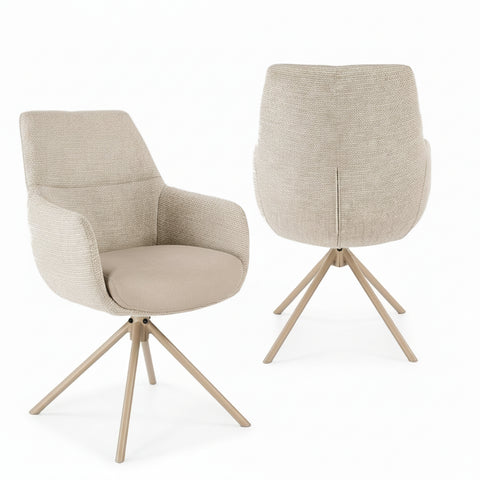 Two beige armchairs with wooden legs on a white background