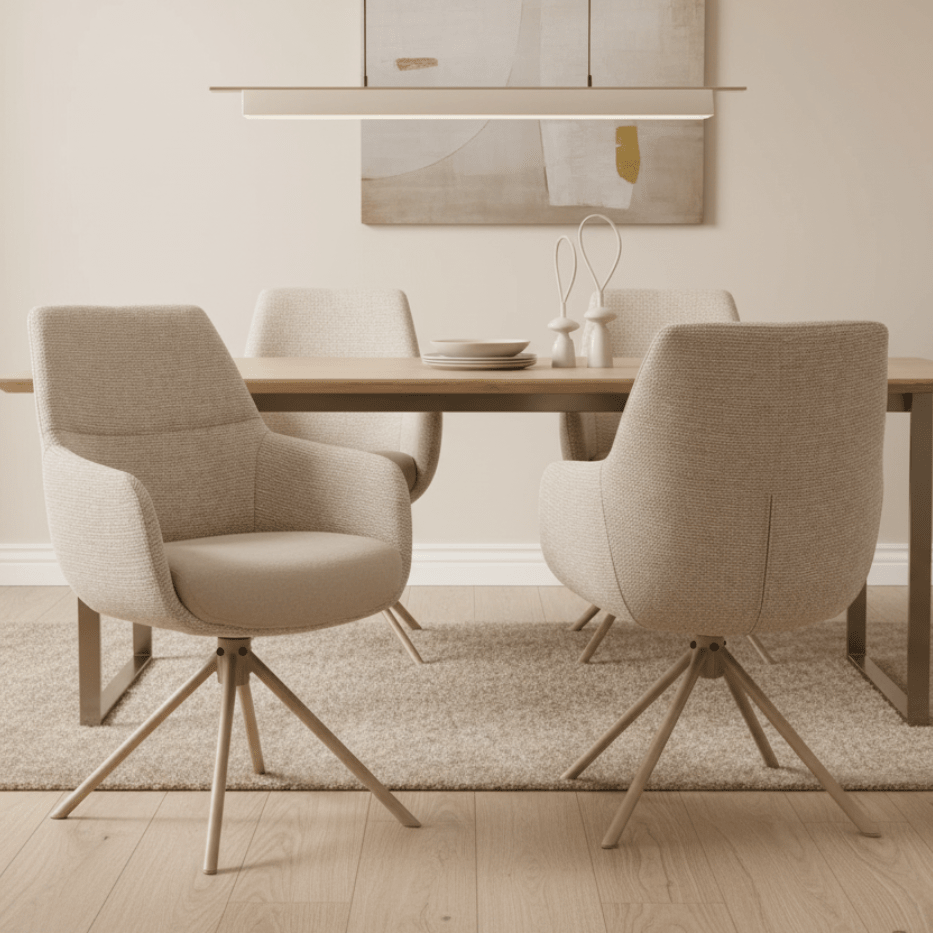 Two beige armchairs with wooden legs on a white background