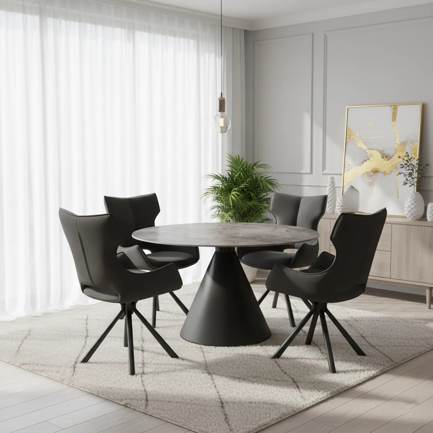 Alessio Gloss Grey Ceramic Round Swivel Extending Dining Table with Tripoli Chairs - Pendle Village Furniture