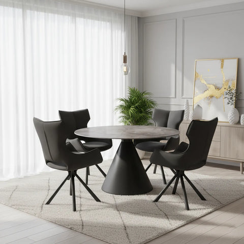 Alessio Gloss Grey Ceramic Round Swivel Extending Dining Table with Tripoli Chairs - Pendle Village Furniture