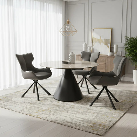 Alessio Gloss Grey Ceramic Round Swivel Extending Dining Table with Tripoli Chairs - Pendle Village Furniture