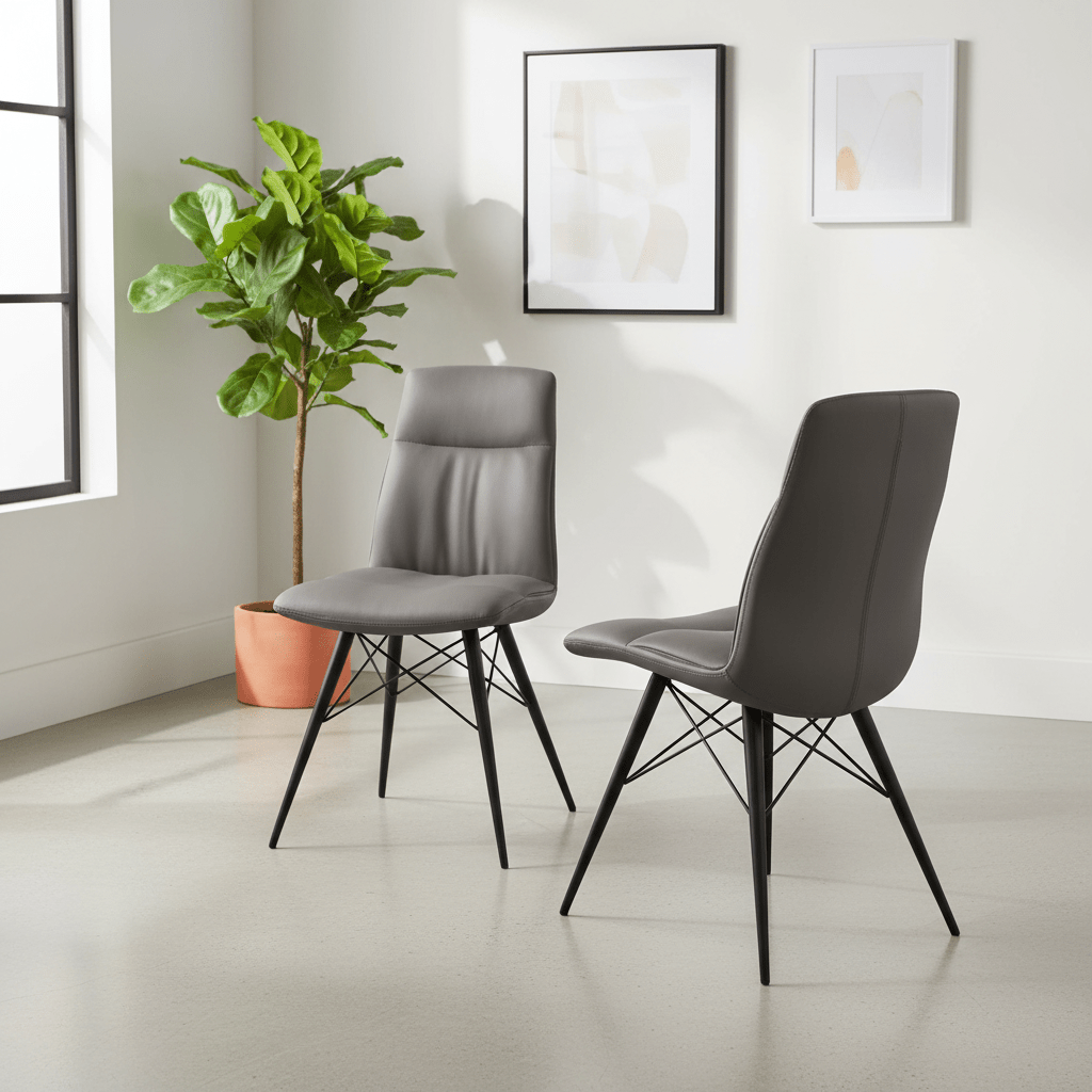 Two modern gray upholstered dining chairs with black metal legs, shown in a bright minimalist room with a potted plant and framed wall art.