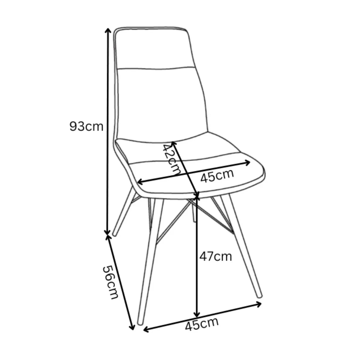 Black line drawing of a Alexa Dining chair with dimension labels and measurements in centimeters, including 93 cm height, 45 cm seat width, 125 cm back width, 56 cm leg depth, and 47 cm leg height.