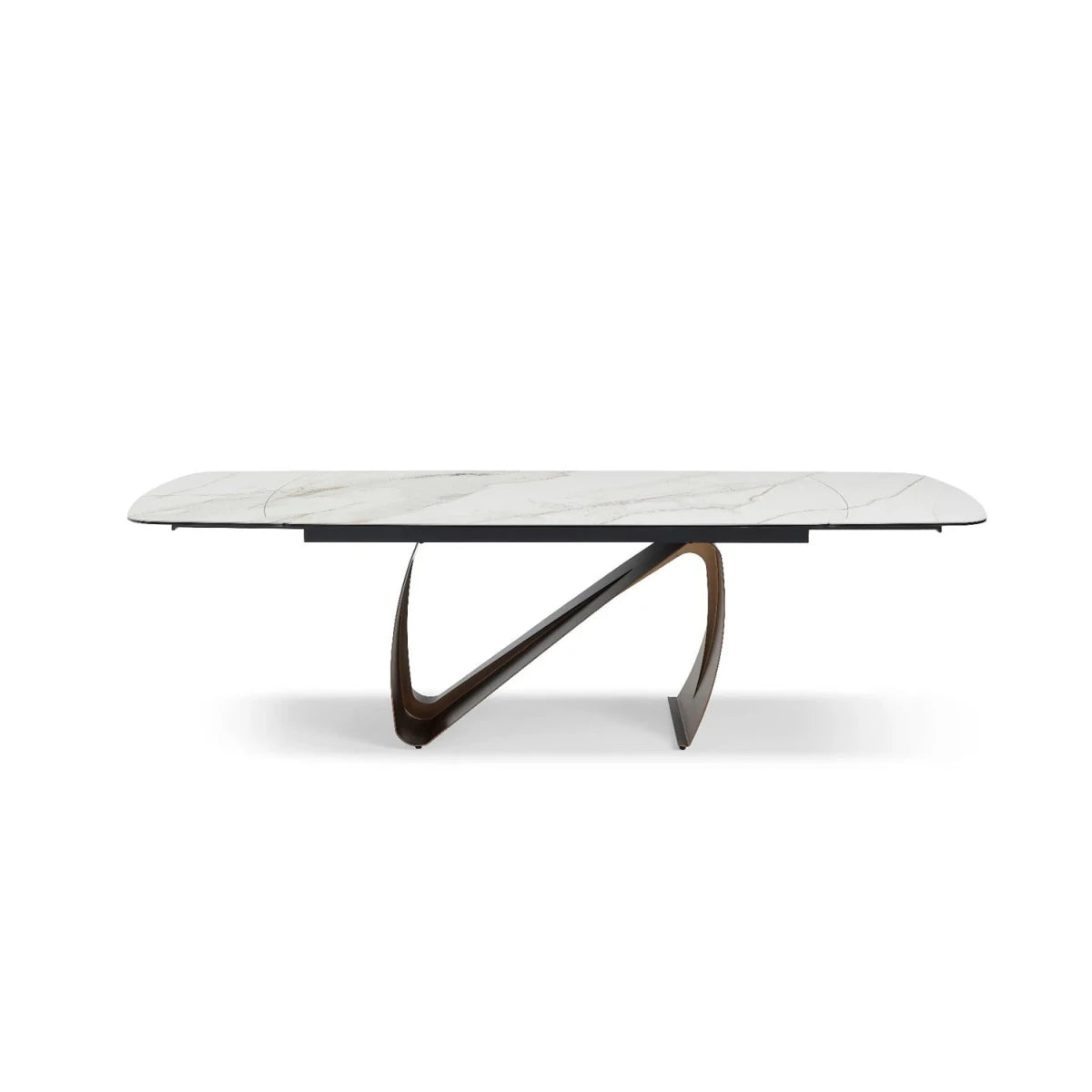 Shop the Alfonso extending dining table with Sunset Statuario stone top and brushed brass N base. Luxury table extending from 180cm to 260cm.