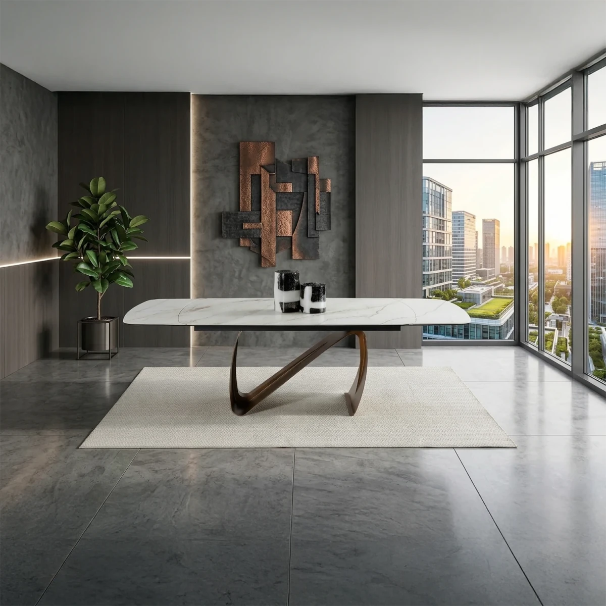 Alfonso extending dining table with Sunset Statuario stone top
