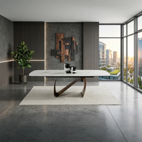 Alfonso extending dining table with Sunset Statuario stone top
