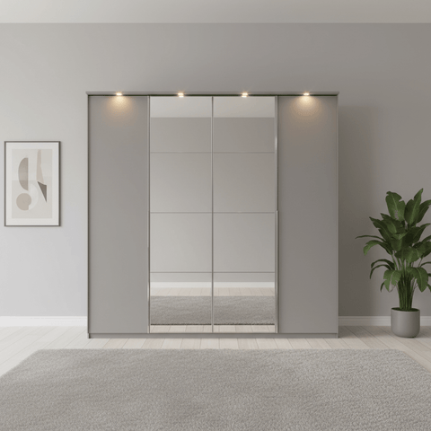 Apollo Pebble Grey and Mirror Large 6 Door Wardrobe - 300cm