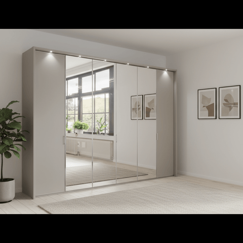 Apollo Pebble Grey and Mirror Large 6 Door Wardrobe - 300cm