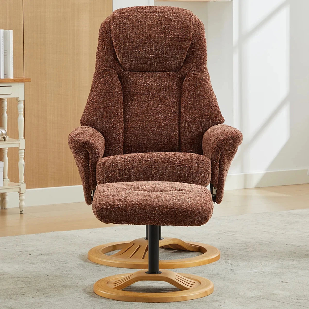 Allegan Fabric Swivel Recliner Chair with Footstool, available in 3 colours