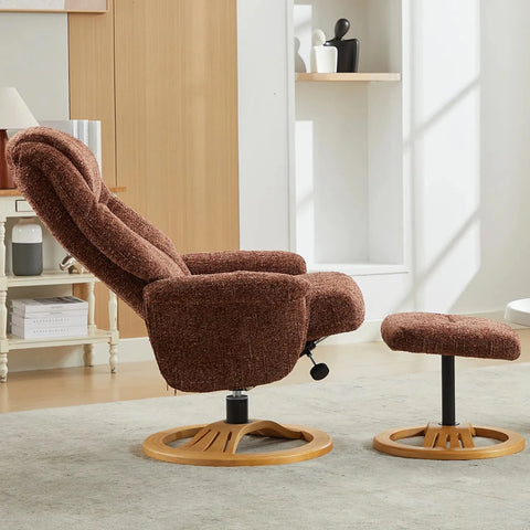 Allegan Fabric Swivel Recliner Chair with Footstool - Image showing reclining position