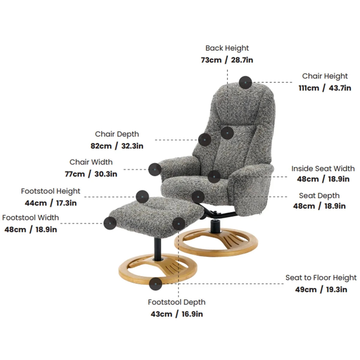 Allegan Fabric Swivel Recliner Chair with Footstool - Dimensions 