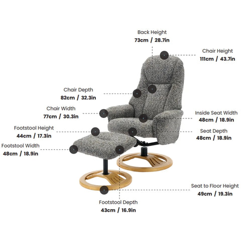 Allegan Fabric Swivel Recliner Chair with Footstool - Dimensions 