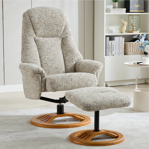 Allegan Fabric Swivel Recliner Chair with Footstool - Natural Frost Fabric