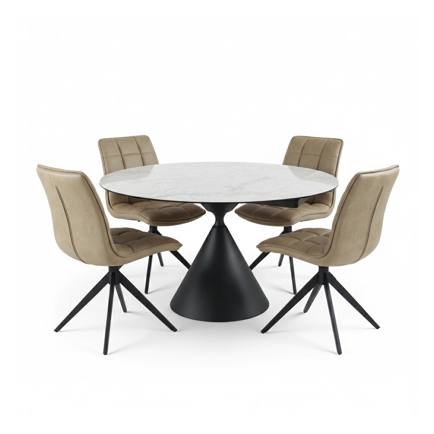 Alonzo Round Ceramic Ext Dining Table with 4 Taupe Fabric Swivel Chairs - Pendle Village Furniture
