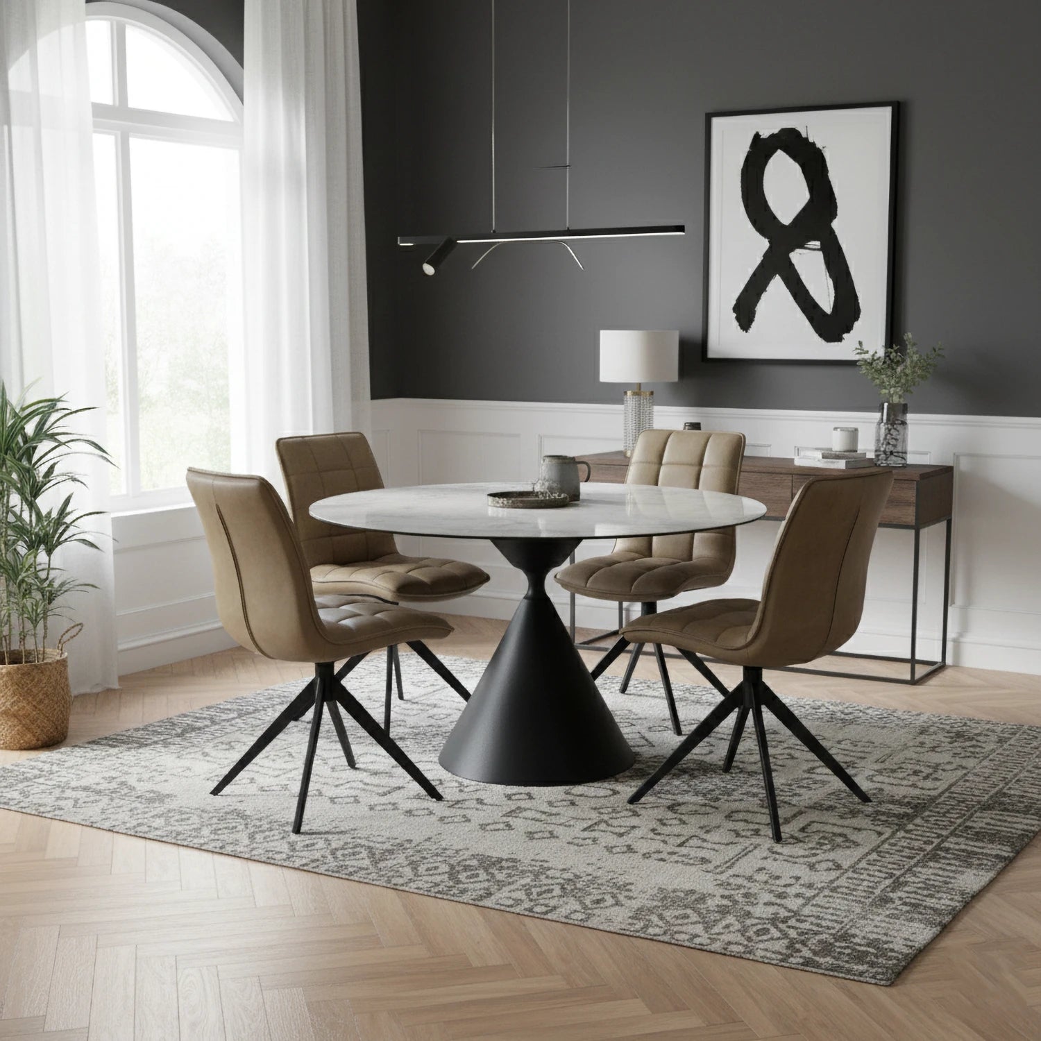 Alonzo Round Ceramic Ext Dining Table with 4 Taupe Fabric Swivel Chairs - Pendle Village Furniture