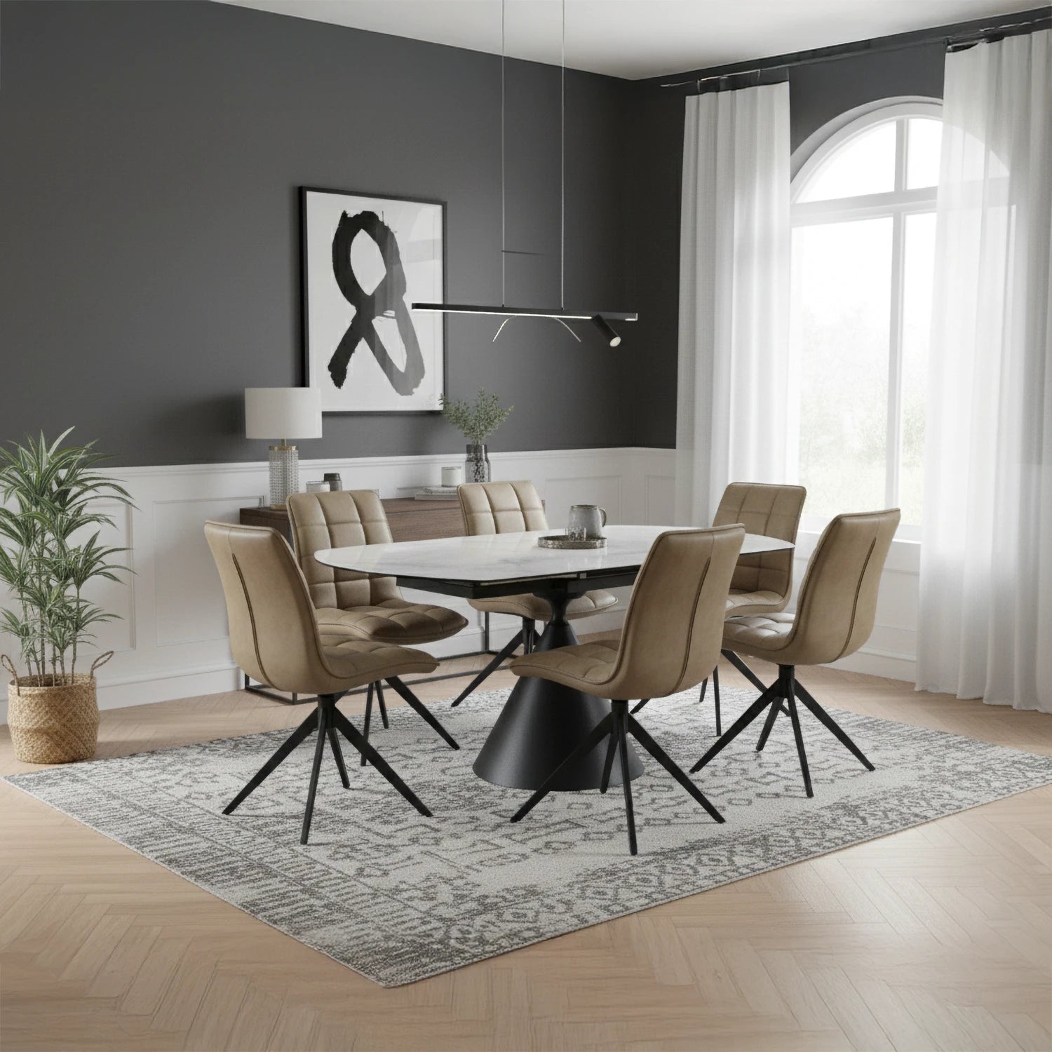 Alonzo Round Ceramic Ext Dining Table with 4 Taupe Fabric Swivel Chairs - Pendle Village Furniture