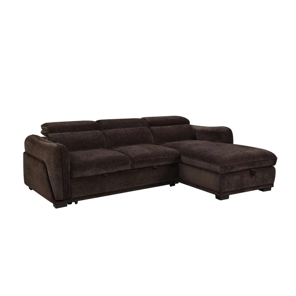 A dark brown plush fabric sectional sofabed with a right-facing chaise lounge with storage, shown from a three-quarter angle against a plain white background.
