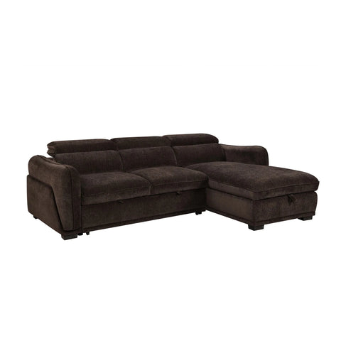 A dark brown plush fabric sectional sofabed with a right-facing chaise lounge with storage, shown from a three-quarter angle against a plain white background.