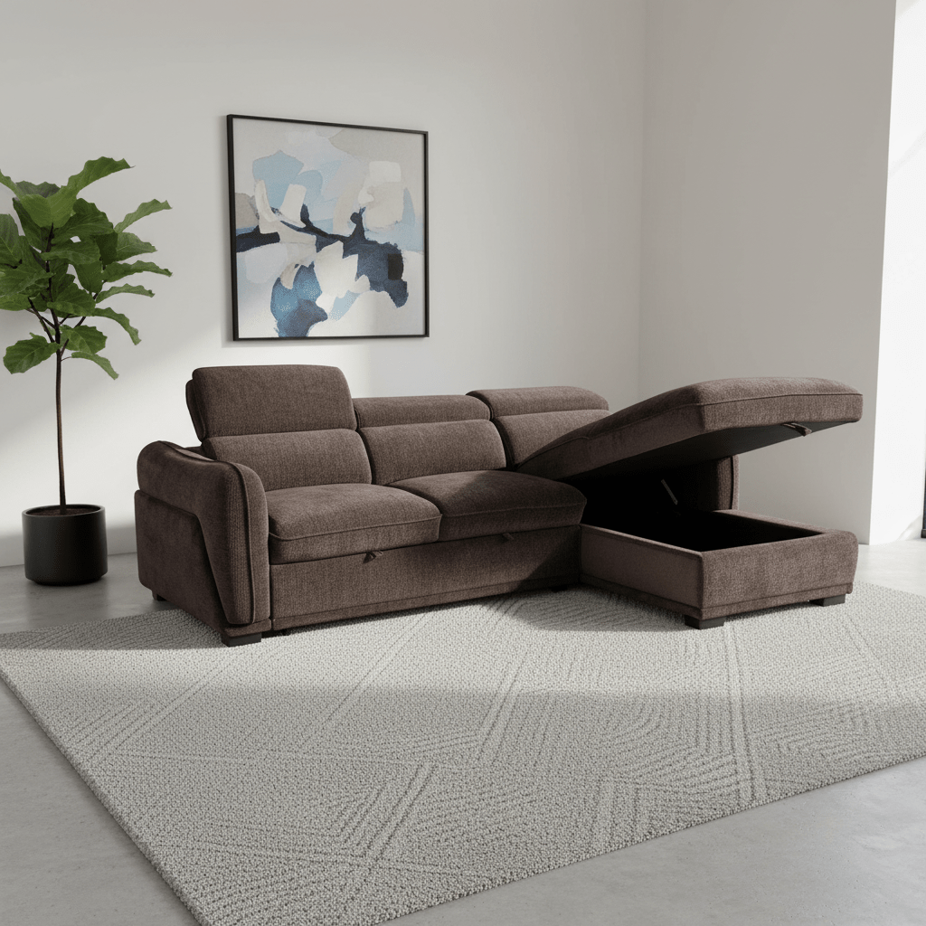 Alvion Brown Fabric  LHF RHF Corner 3 Seater Chaise Sofa Bed with Pull-Out Bed Mechanism