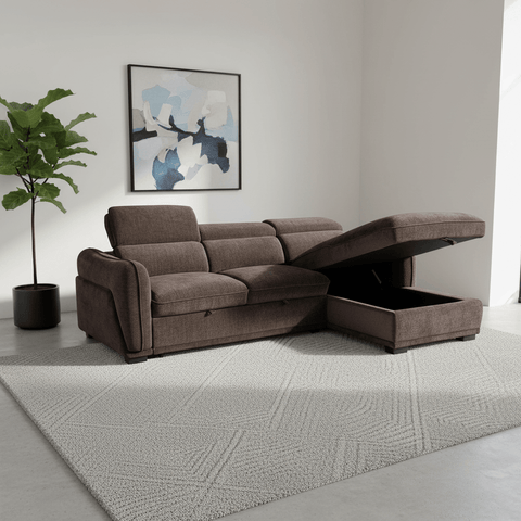 Alvion Brown Fabric  LHF RHF Corner 3 Seater Chaise Sofa Bed with Pull-Out Bed Mechanism