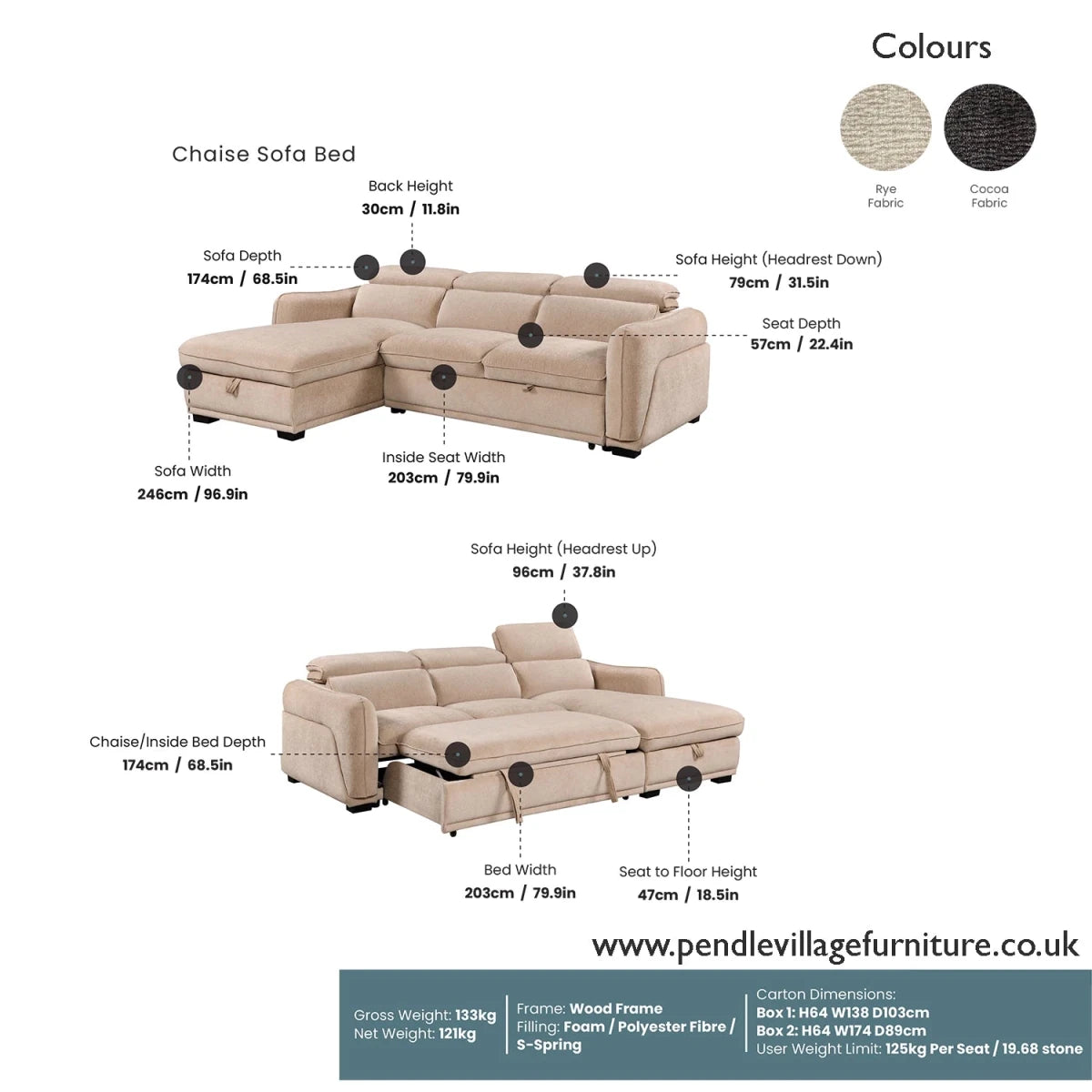Sofa bed dimension diagram showing two views of a beige sectional sofa bed with labeled measurements, plus two color swatches at the top right labeled Ray Fabric and Cocoa Fabric.