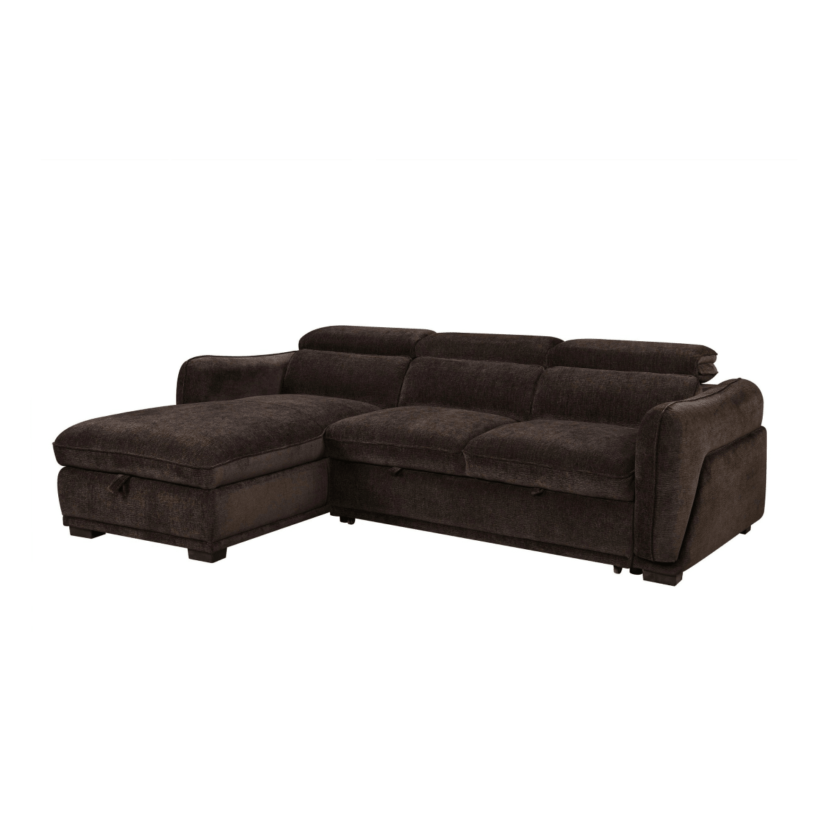 Discover the Alvion Brown Cocoa Fabric 3 Seater Chaise Corner Sofa Bed with storage chaise, adjustable headrests, pull-out bed and LHF or RHF options.