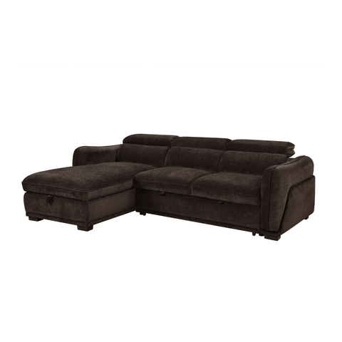 Discover the Alvion Brown Cocoa Fabric 3 Seater Chaise Corner Sofa Bed with storage chaise, adjustable headrests, pull-out bed and LHF or RHF options.