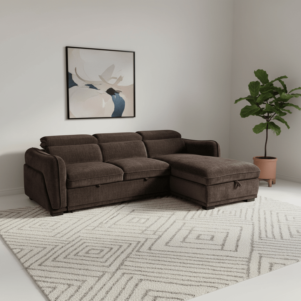 Discover the Alvion Cocoa Fabric 3 Seater Chaise Corner Sofa Bed with storage chaise, adjustable headrests, pull-out bed and LHF or RHF options.