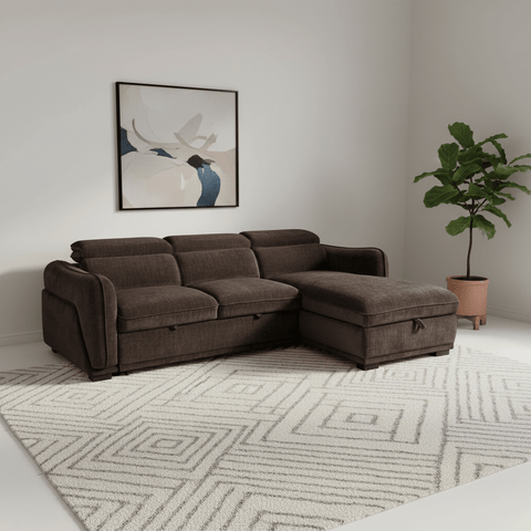 Discover the Alvion Cocoa Fabric 3 Seater Chaise Corner Sofa Bed with storage chaise, adjustable headrests, pull-out bed and LHF or RHF options.