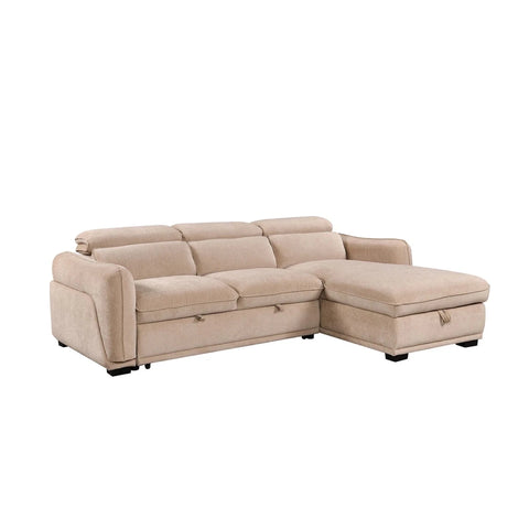A beige fabric sectional sofa bed with a right-facing chaise lounge and storage ottoman compartments, shown on a plain white background.