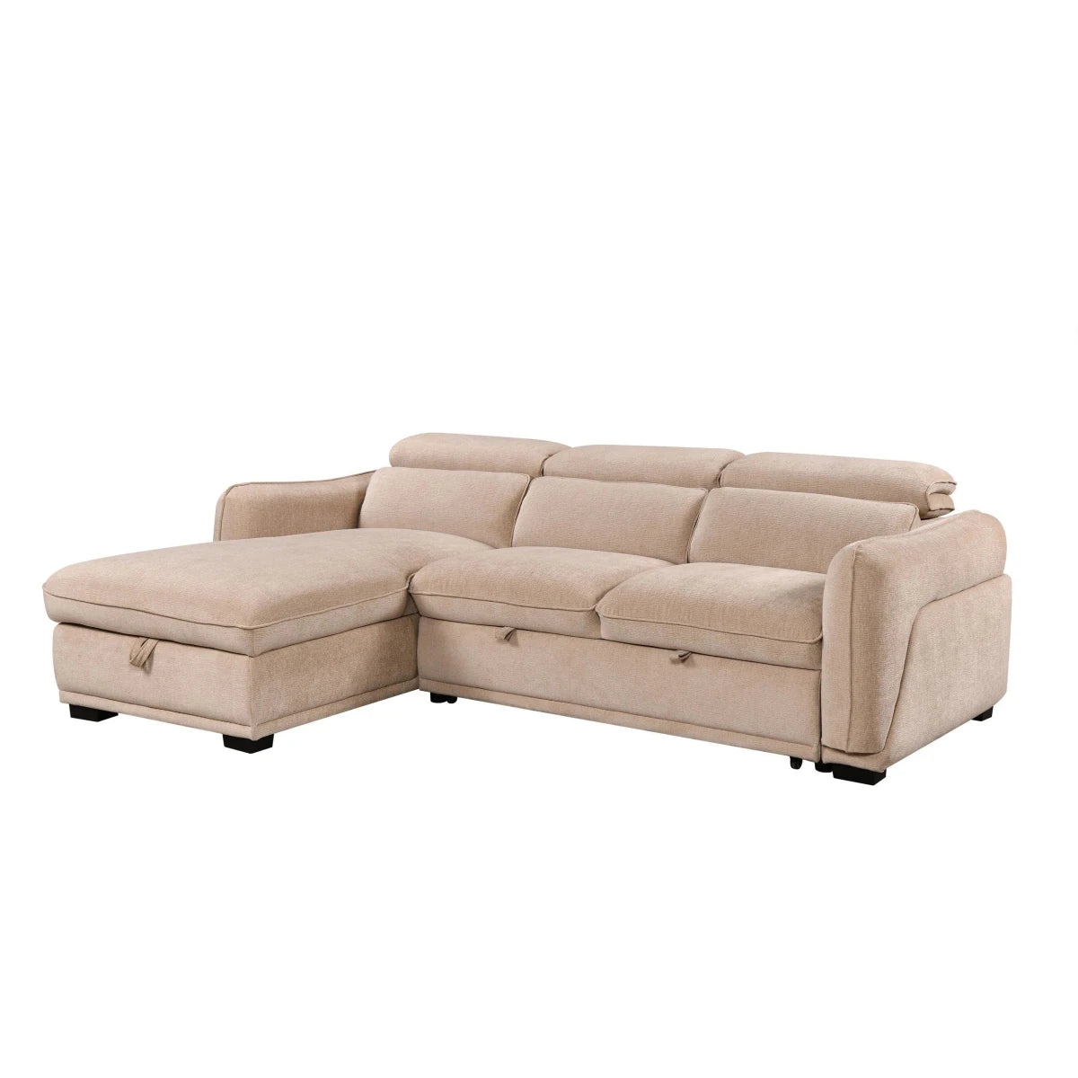 A light beige fabric sectional sofa bed with a left-facing chaise lounge and storage compartments underneath the seat cushions, shown against a plain white background.