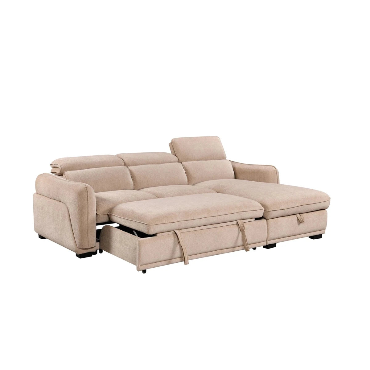 A beige fabric sectional sofa bed with a chaise lounge 