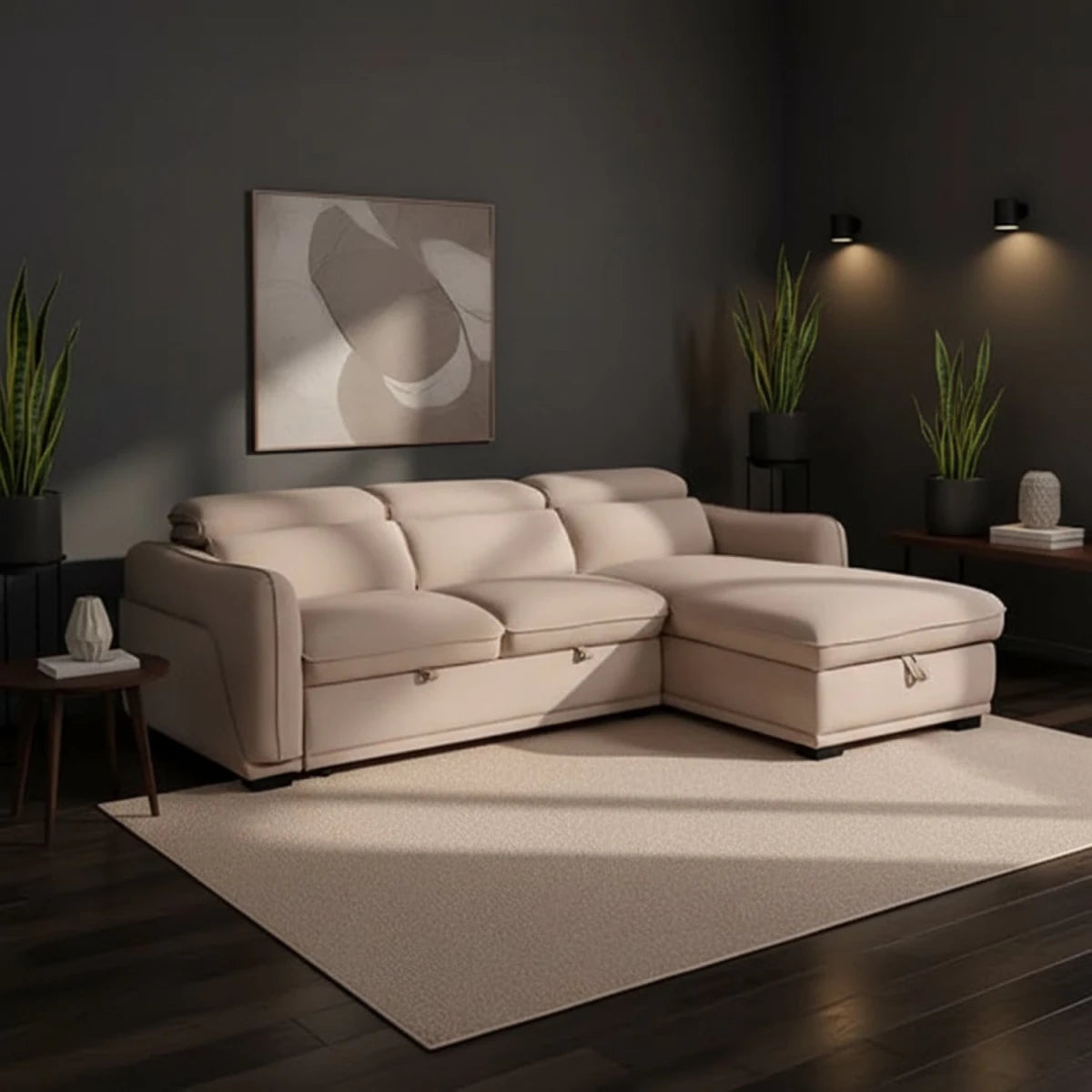 Beige sectional sofa bed in a living room with a white bookshelf and decor items.