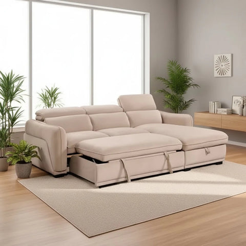 Alvion Beige Fabric 3 Seater Chaise Corner Sofa Bed