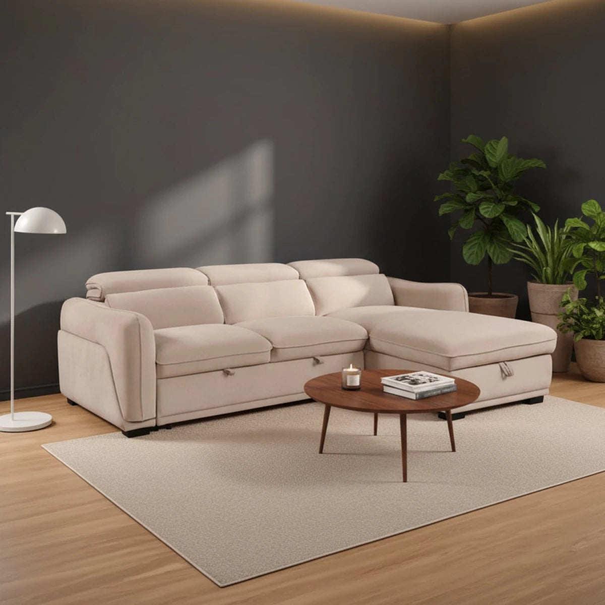 Alvion beige fabric 3 seater chaise corner sofa bed with storage chaise, adjustable headrests and pull-out bed. Available in LHF or RHF.