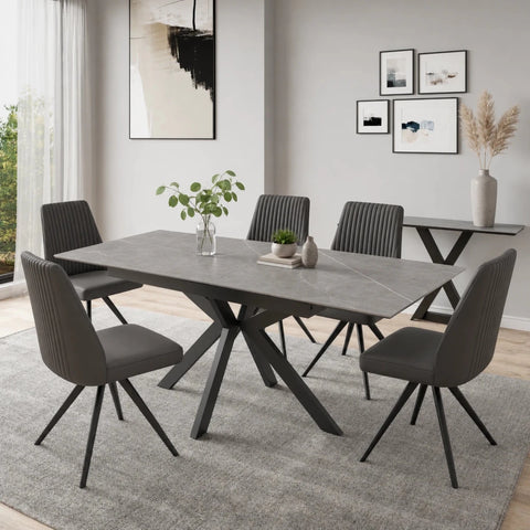 Shop the Amari Ceramic Extending Dining Table with 4, 6 or 8 Athens Grey Faux Leather Chairs. Choose White Gloss or Matt Grey ceramic in two sizes.