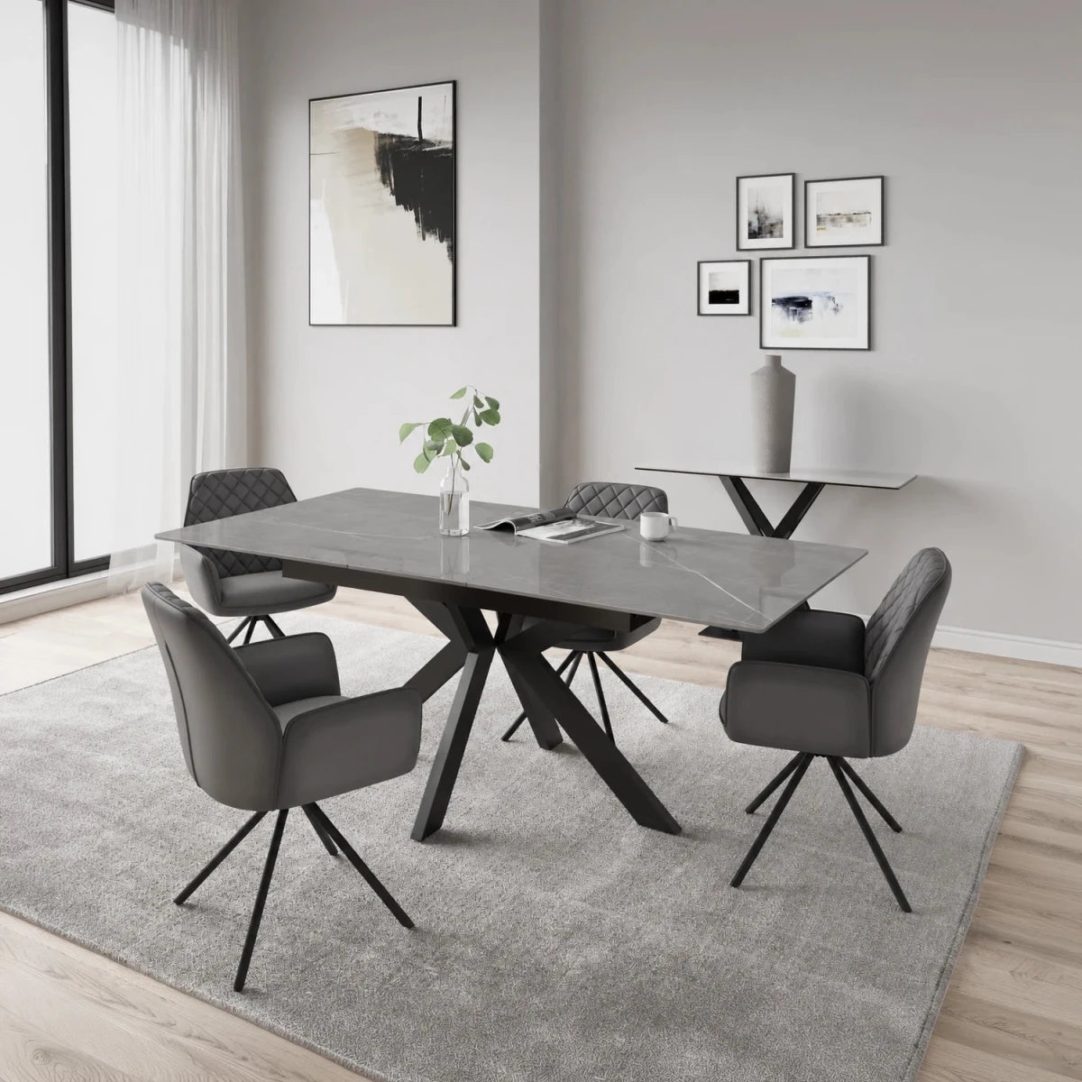 Discover the Amari Matt Grey Ceramic Extending Dining Table with 4, 6 or 8 Lina Swivel Chairs. Choose 130cm or 160cm tables and Grey or Tan seating.