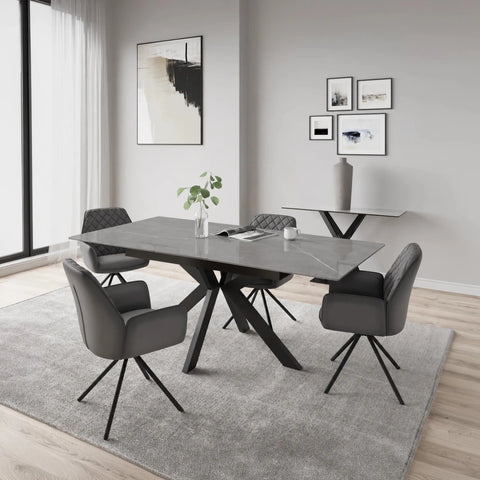Discover the Amari Matt Grey Ceramic Extending Dining Table with 4, 6 or 8 Lina Swivel Chairs. Choose 130cm or 160cm tables and Grey or Tan seating.