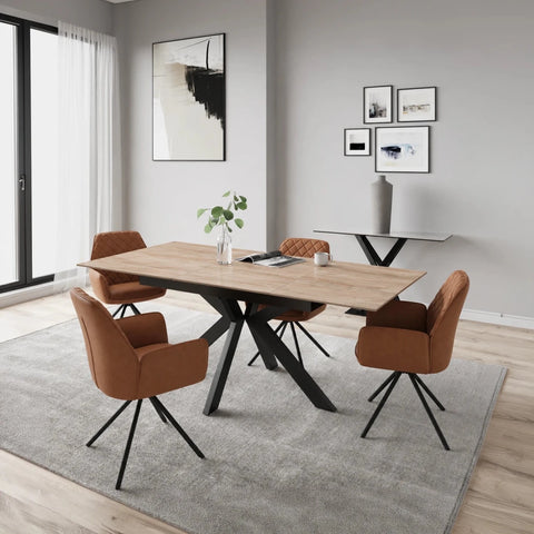 Shop the Amari Wood Look Ceramic Extending Dining Table with 4, 6 or 8 Lina Swivel Chairs. Choose two table sizes and Grey or Tan faux leather seating.