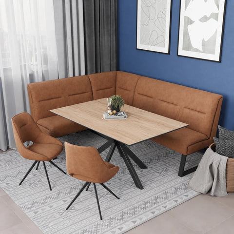 Amari Oak Effect Ceramic Extending Dining Table with Corner Bench and Chairs Set