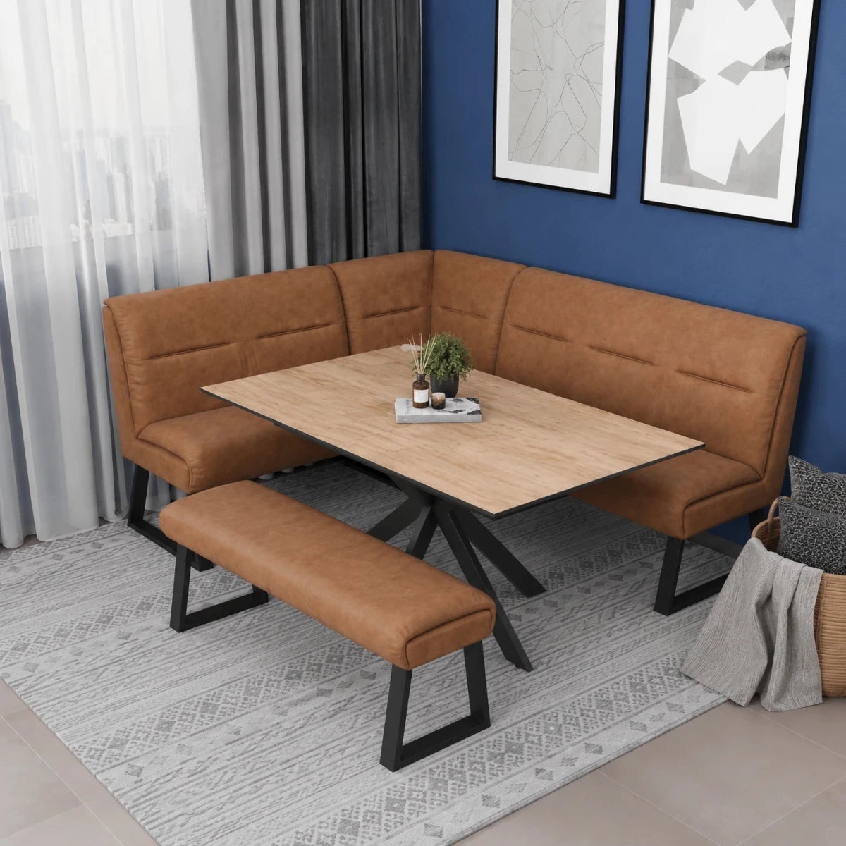 Amari Oak Effect Ceramic Extending Dining Table with Corner Bench Set