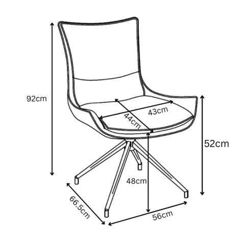 Black and white line drawing of a swivel Amber dining chair with dimension labels and measurements including 92cm, 52cm, 44cm, 43cm, 48cm, 66.5cm, and 56cm.