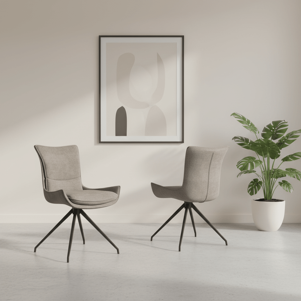 Two modern swivel dining chairs upholstered in light taupe fabric with black metal legs, arranged in a minimalist room setting with a framed abstract print on the wall and a potted plant to the right.