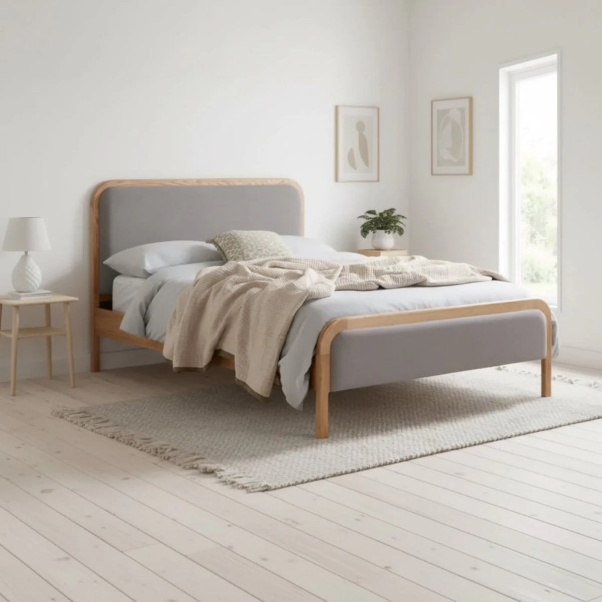 "Modern bed frame combining natural wood and linen fabric upholstery.