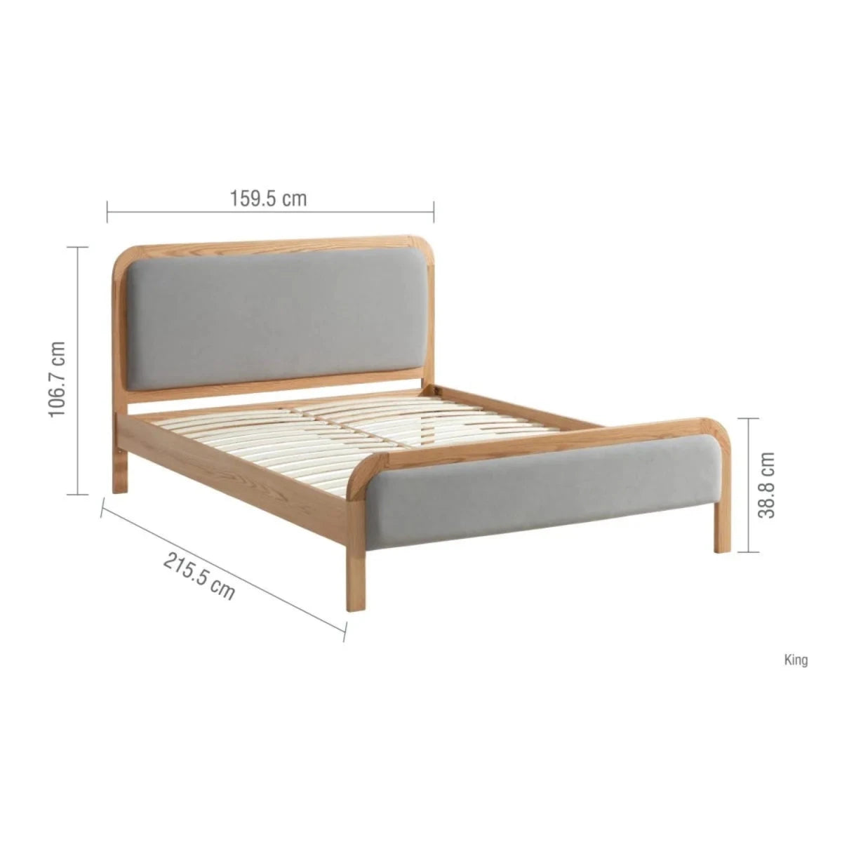 Detailed bed frame dimensions with headboard height information.