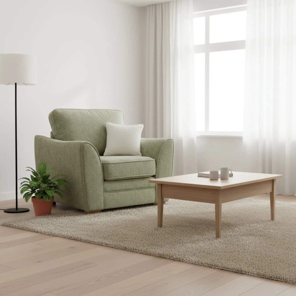 Stylish chair with teardrop arm detail and contemporary look.