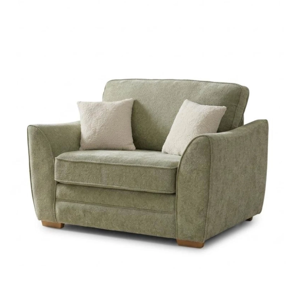 Love seat with soft fabric and modern styling.
