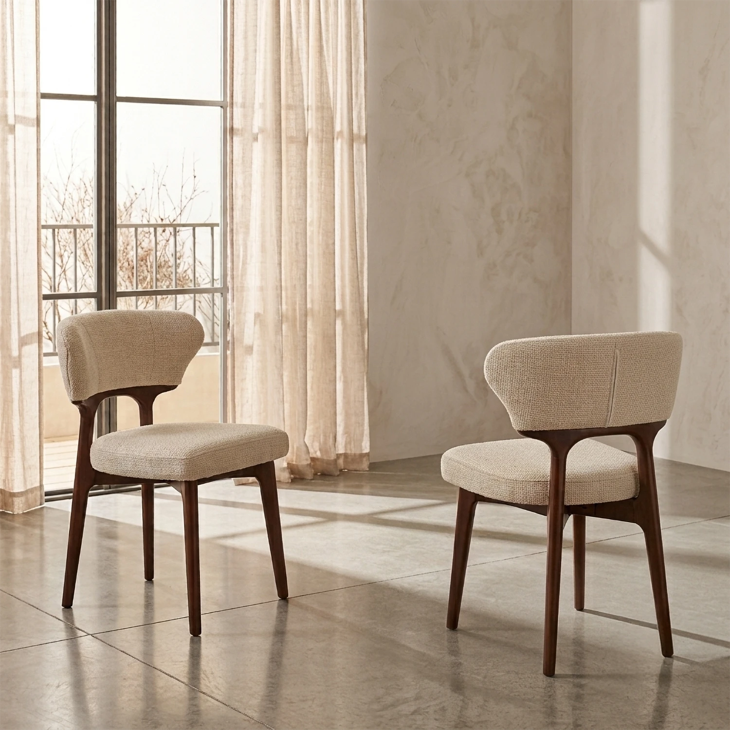 Antonio walnut and cream dining chairs available in sets of 4, 6 or 8. Stylish upholstered chairs with elegant mid-century design.