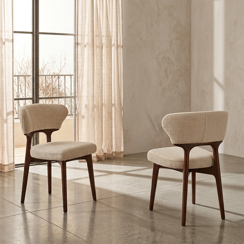 Antonio walnut and cream dining chairs available in sets of 4, 6 or 8. Stylish upholstered chairs with elegant mid-century design.